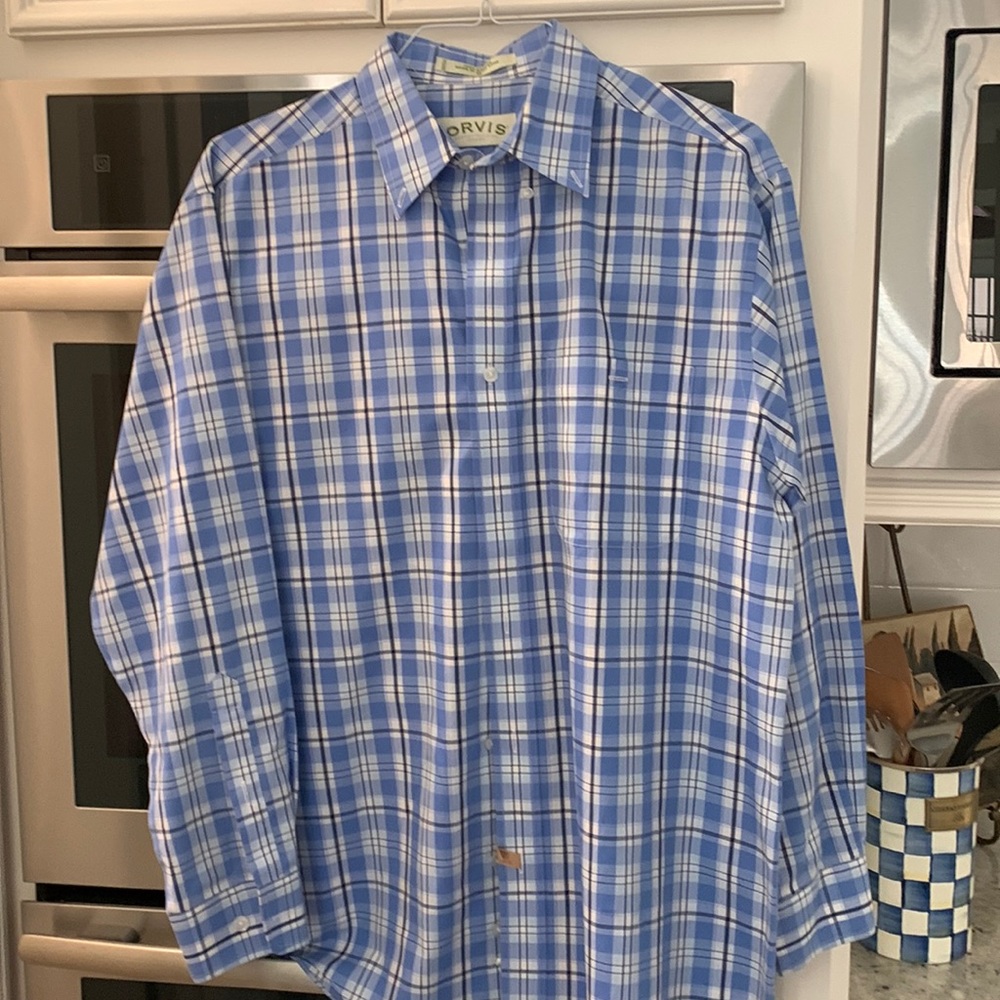 Mens dress shirt in blues and white plaid 22 ‘ from pit to pit. 31’ long.